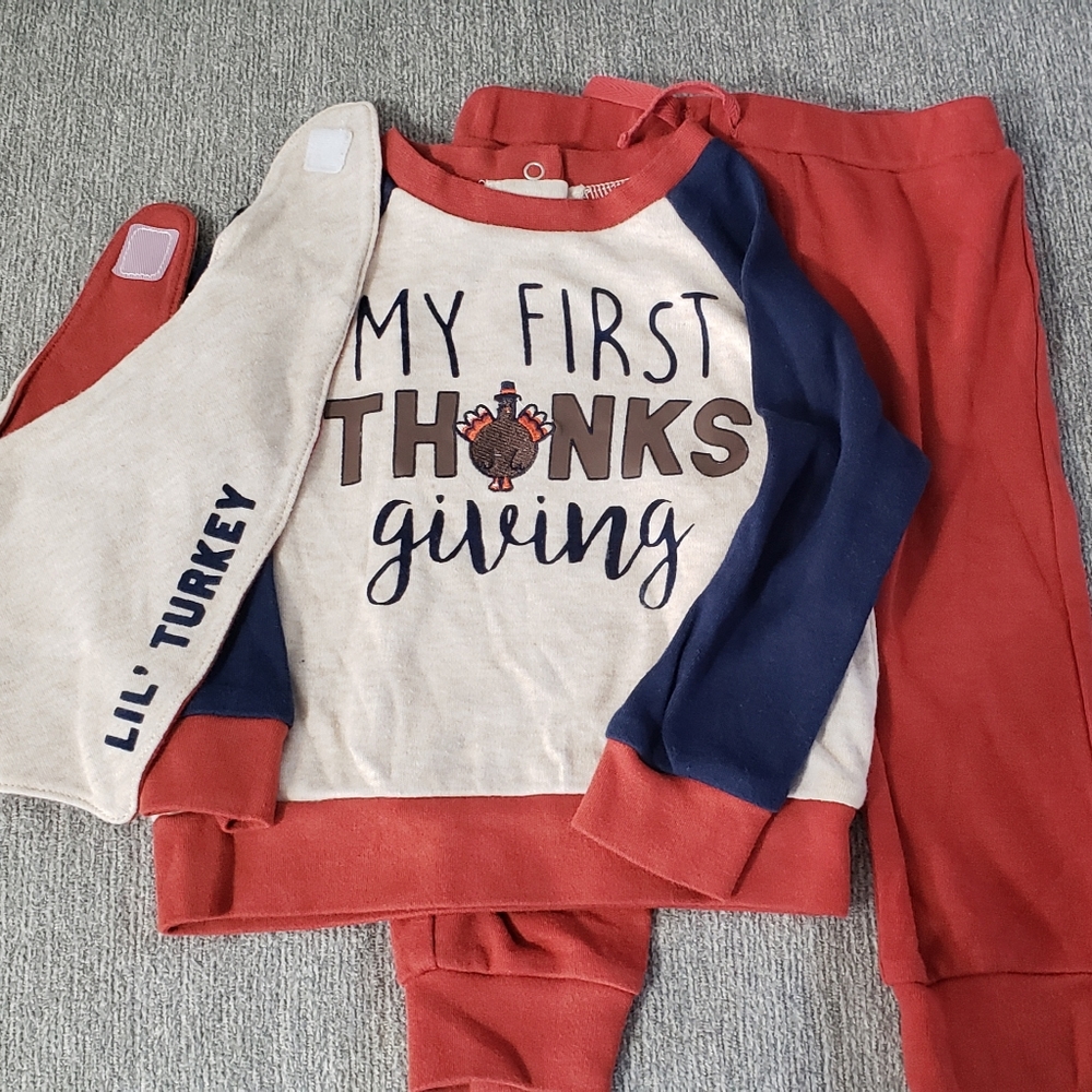 12 M MY FIRST THANKSGIVING Boys Shirt Pants Bib Set